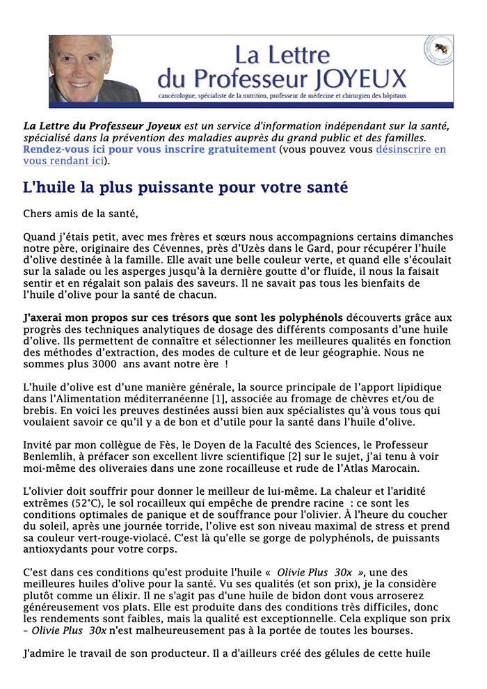 La lettre du Professeur Henri Joyeux - Cancérologue (France) - Shop Olivie